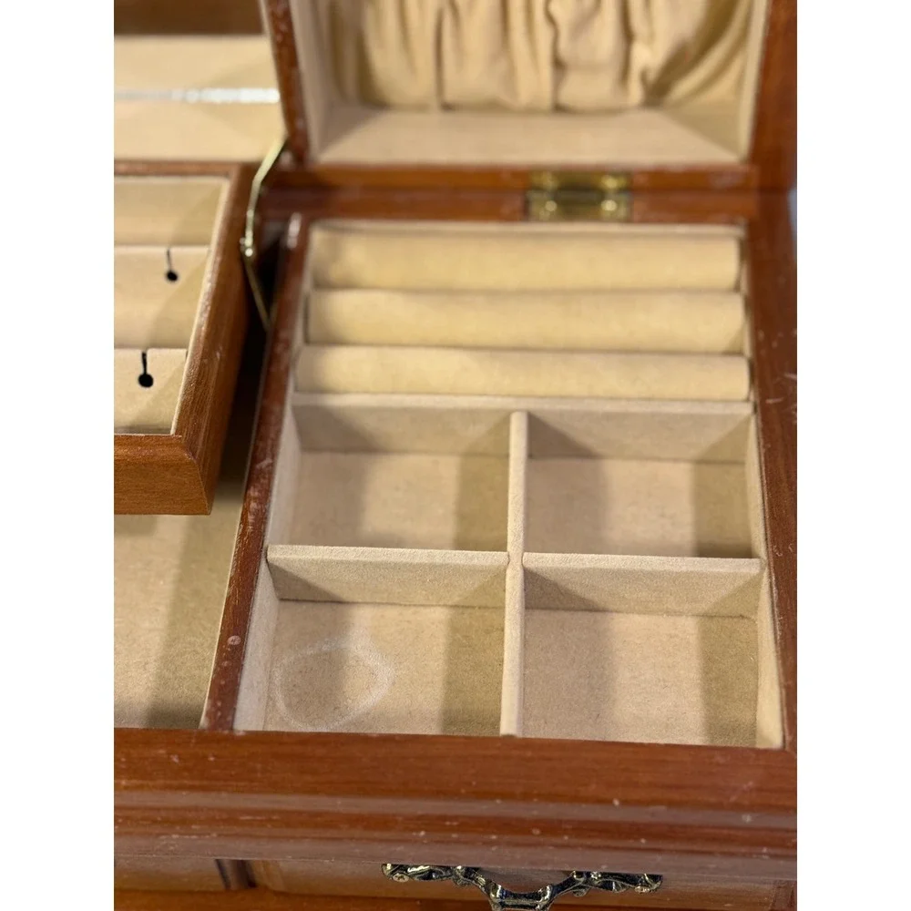 Vintage Wooden Jewelry Box Mirror Drawer Brass Hardware Brown Estate Organzier
